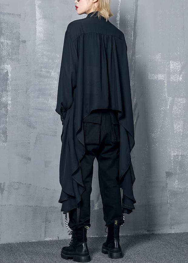 French black chiffon clothes asymmetric Plus Size Clothing lapel blouse - SooLinen