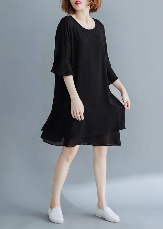 French black chiffon tunic dress flare sleeve tunic summer Dress - SooLinen