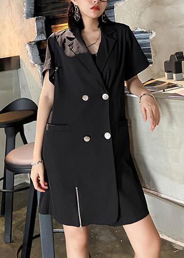 French black clothes For Women Notched Double row buttons Plus Size Dresses - SooLinen
