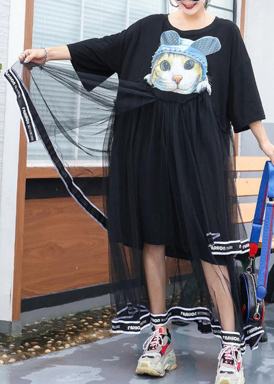 French black cotton Long Shirts patchwork tulle Plus Size  summer Dresses - SooLinen