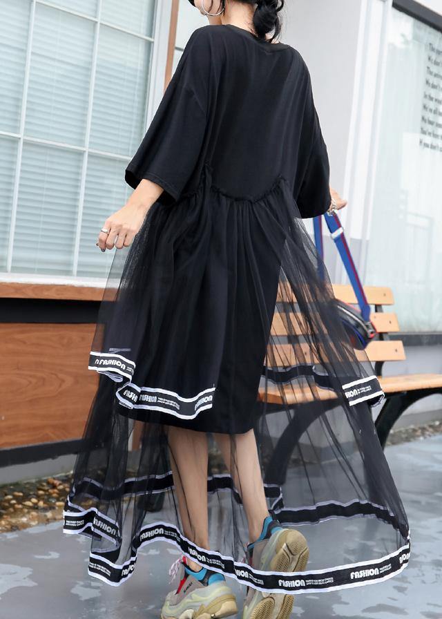 French black cotton Long Shirts patchwork tulle Plus Size  summer Dresses - SooLinen