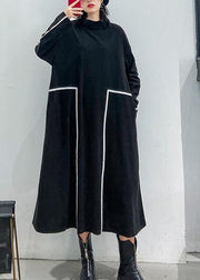 French black cotton Tunics patchwork color cotton stand collar Dresses - SooLinen