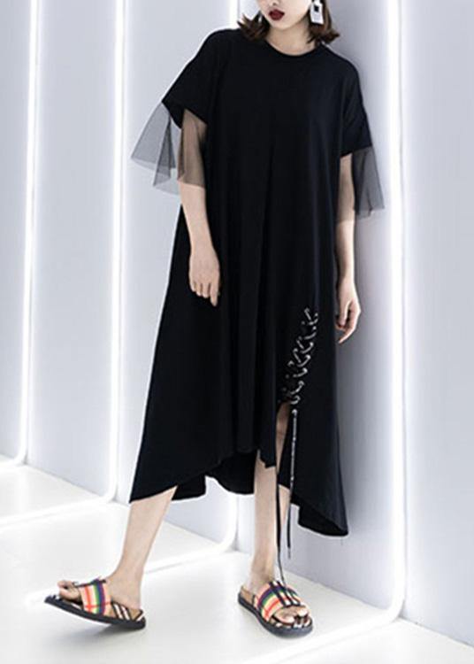 French black cotton Wardrobes side open drawstring cotton robes summer Dresses - SooLinen