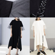 French black cotton Wardrobes side open drawstring cotton robes summer Dresses - SooLinen