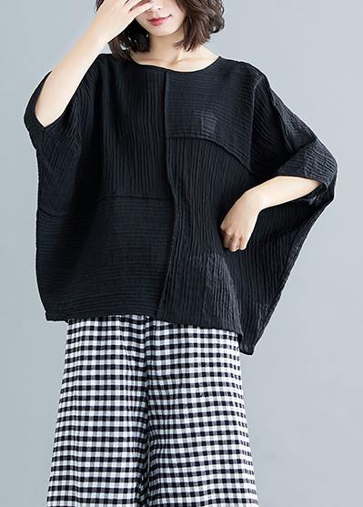 French black cotton blended clothes For Women stylish Fabrics o neck Batwing Sleeve patchwork loose Summer tops - SooLinen