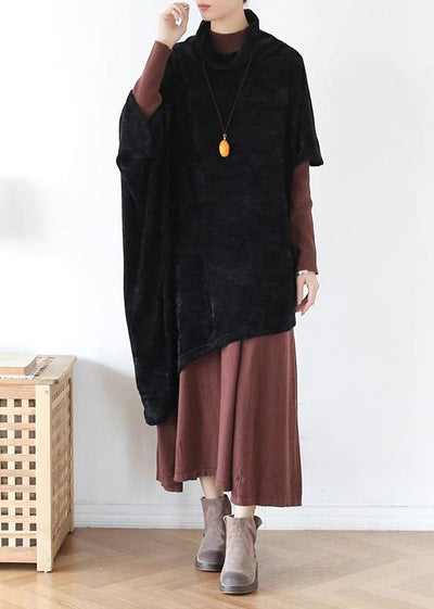 French black cotton clothes For Women high neck asymmetric daily blouse - SooLinen