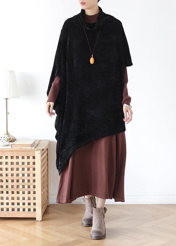 French black cotton clothes For Women high neck asymmetric daily blouse - SooLinen