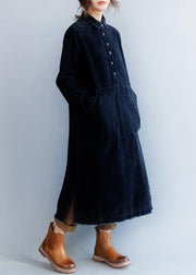 French black cotton clothes Women side open Plus Size lapel collar Dress - SooLinen