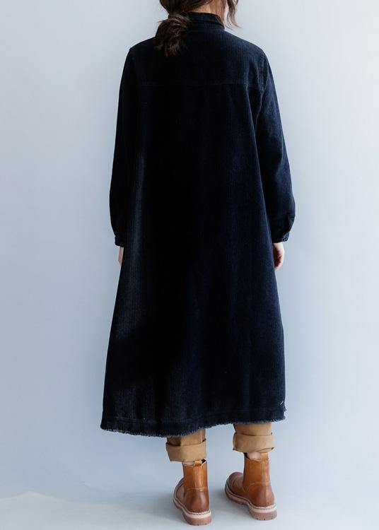 French black cotton clothes Women side open Plus Size lapel collar Dress - SooLinen