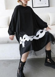 French black cotton dress o neck A Line patchwork Dress - SooLinen