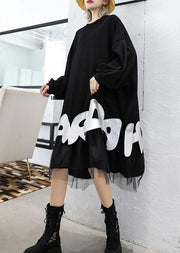 French black cotton dress o neck A Line patchwork Dress - SooLinen