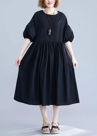 French black cotton dresses lantern sleeve Robe summer Dress - SooLinen