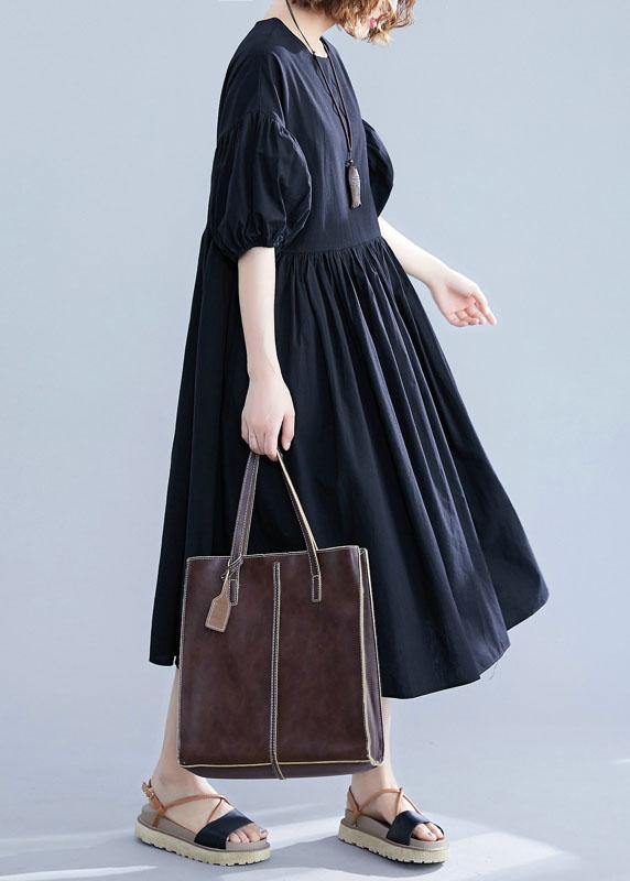 French black cotton dresses lantern sleeve Robe summer Dress - SooLinen