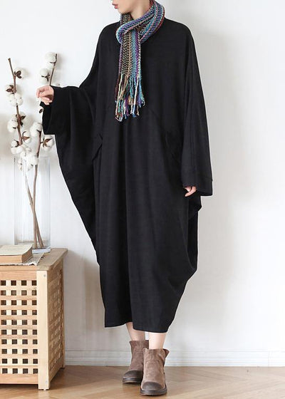 French black cotton dresses lapel patchwork fall Dress - SooLinen