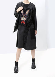French black cotton quilting dresses fall Plus Size asymmetric patchwork Dress - SooLinen