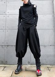 French black cotton shirts women asymmetric hollow out Art top - SooLinen