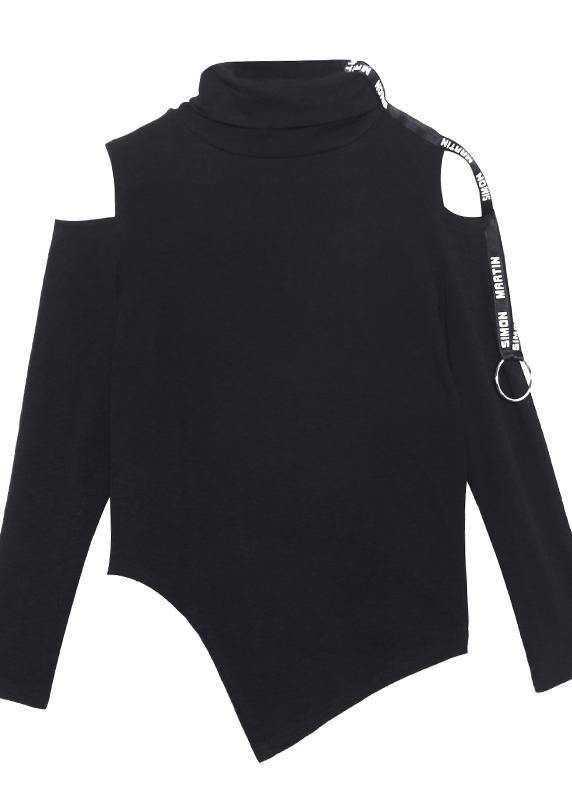 French black cotton shirts women asymmetric hollow out Art top - SooLinen