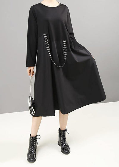 French black cotton tunic dress patchwork cotton robes o neck Dresses - SooLinen