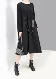 French black cotton tunic dress patchwork cotton robes o neck Dresses - SooLinen