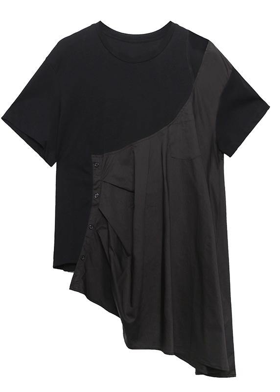 French black cotton tunic top o neck patchwork baggy shirts - SooLinen