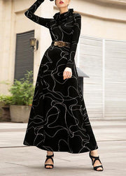 French black cotton tunic top wild Plus Size high neck Dresses - SooLinen