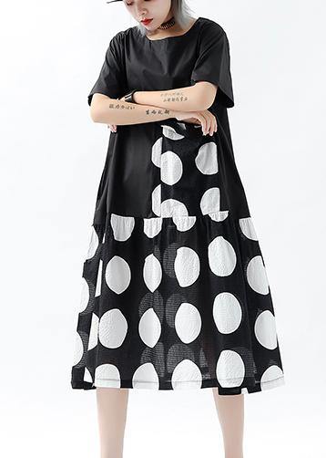 French black dotted linen cotton tunic top patchwork pockets Plus Size Clothing summer Dress - SooLinen
