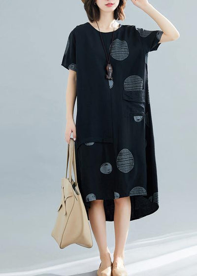 French black dotted o neck asymmetric cotton robes summer Dress - SooLinen