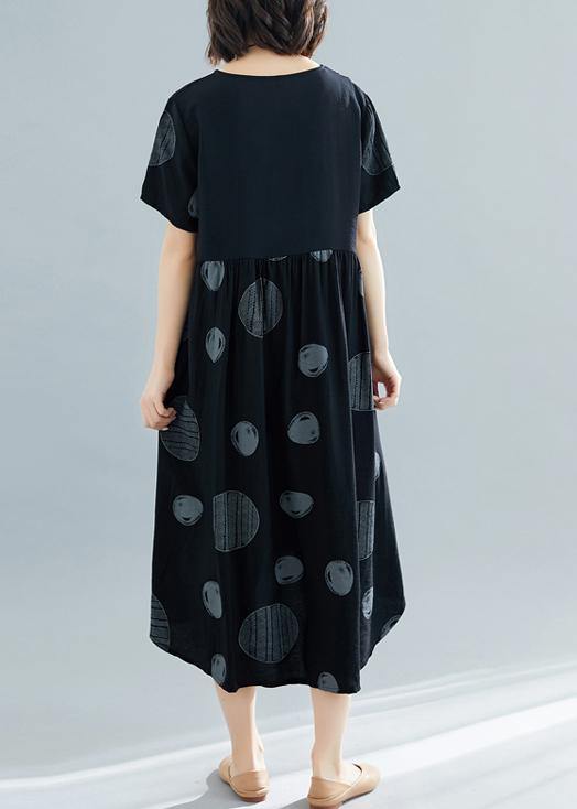 French black dotted o neck asymmetric cotton robes summer Dress - SooLinen