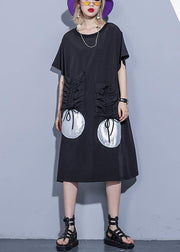 French black half sleeve Cotton pockets drawstring tunic summer Dress - SooLinen