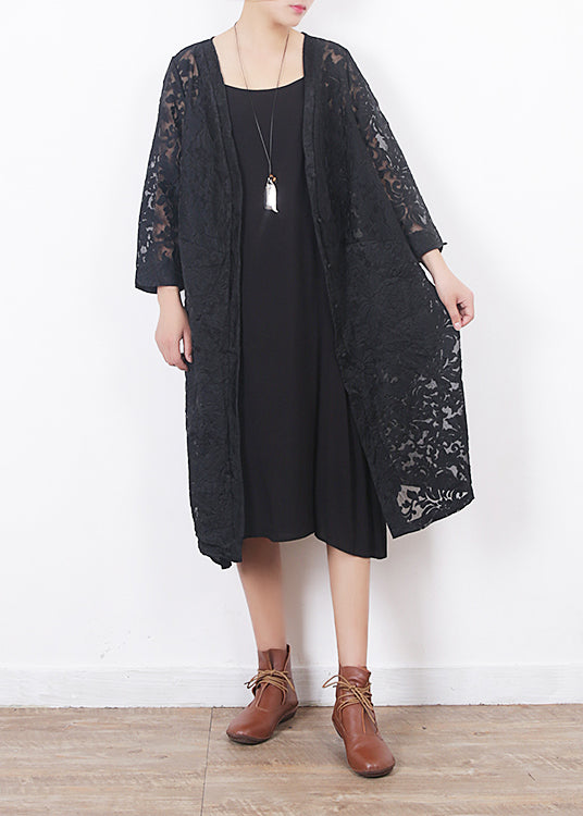French black lace clothes For Women Omychic Work Outfits v neck loose summer hollow out cardigan