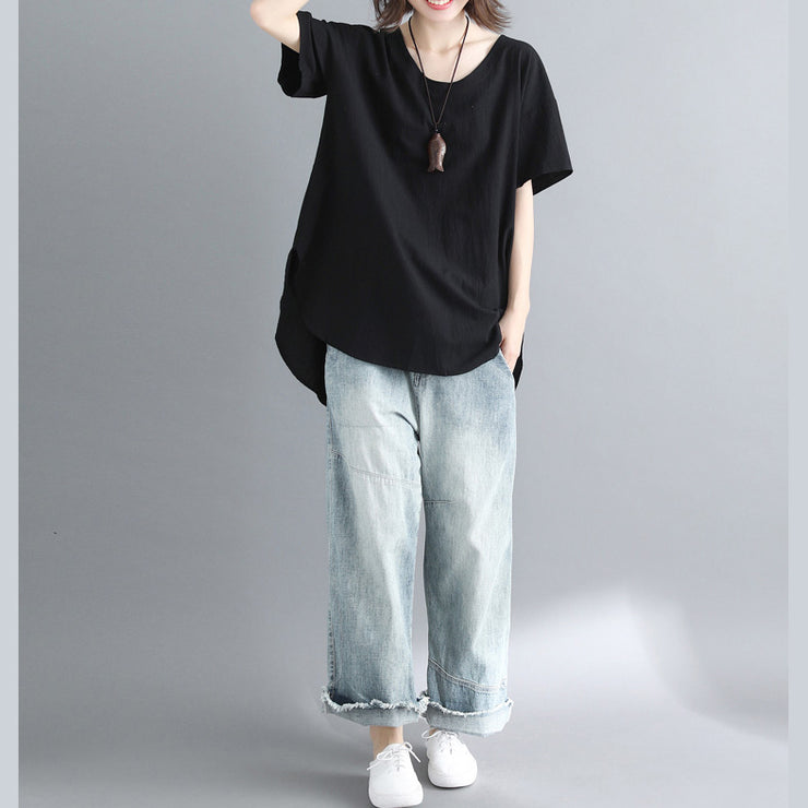 French black linen Long Shirts plus size design o neck tops