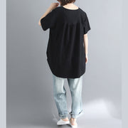 French black linen Long Shirts plus size design o neck tops