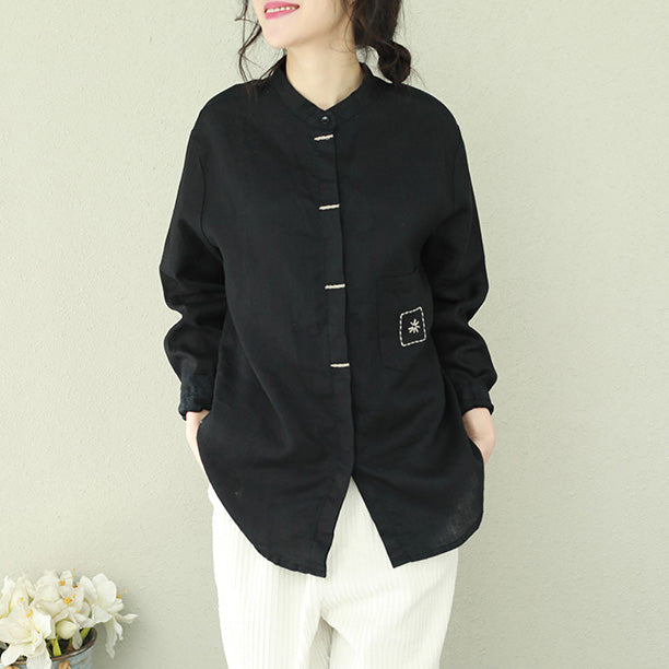 French black linen blouses for women Omychic Inspiration stand collar loose shirts