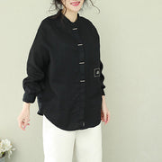 French black linen blouses for women Omychic Inspiration stand collar loose shirts