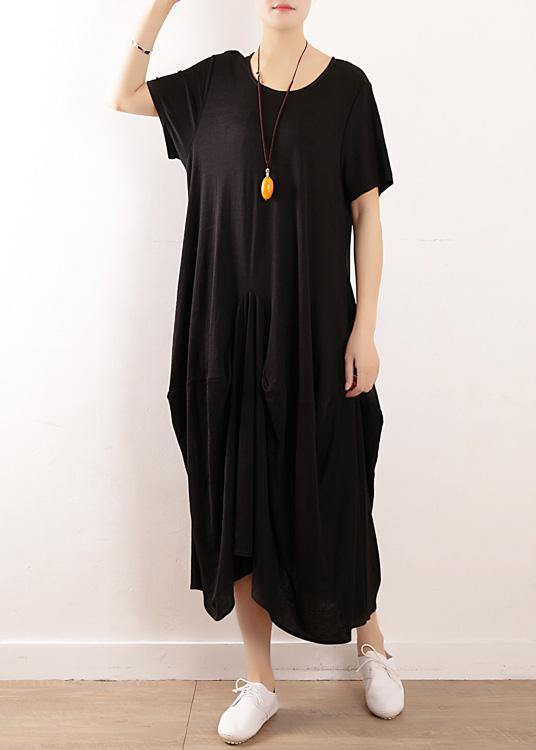 French black linen quilting dresses Fitted Sleeve big hem A Line summer Dress - SooLinen