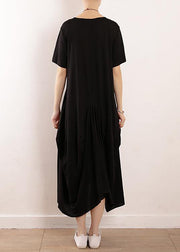 French black linen quilting dresses Fitted Sleeve big hem A Line summer Dress - SooLinen