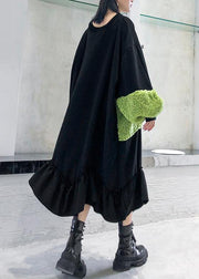 French black patchwork cotton tunic top ruffles long winter Dress - SooLinen