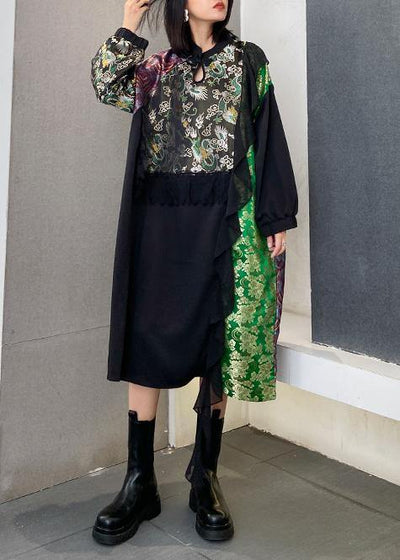 French black patchwork print dresses o neck lace Robe Dresses - SooLinen