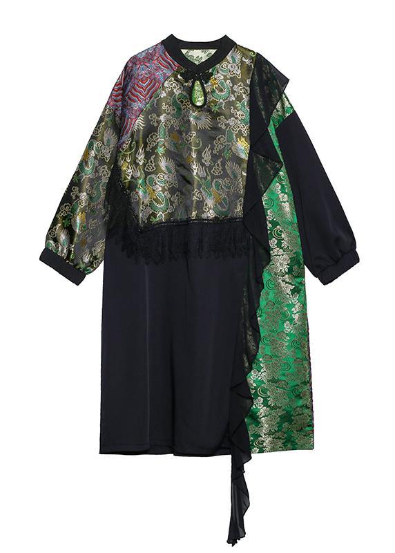 French black patchwork print dresses o neck lace Robe Dresses - SooLinen
