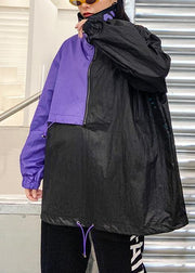 French black patchwork purple top Fabrics drawstring blouse - SooLinen