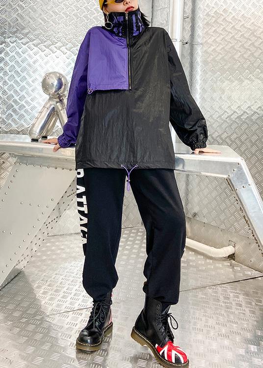 French black patchwork purple top Fabrics drawstring blouse - SooLinen