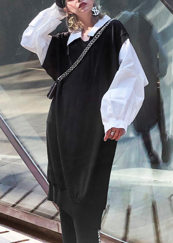French black patchwork white cotton tunic dress lapel Cinched long Dress - SooLinen