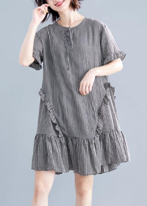 French black plaid Cotton quilting dresses o neck Ruffles cotton Dress - SooLinen