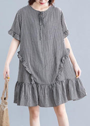 French black plaid Cotton quilting dresses o neck Ruffles cotton Dress - SooLinen
