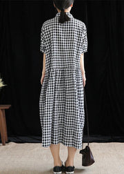 French black plaid linen Long Shirts lapel Cinched cotton robes Dress - SooLinen