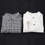 French black plaid linen Long Shirts lapel Cinched cotton robes Dress - SooLinen