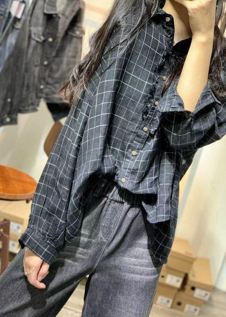 French black plaid linen tops women ruffles Cinched loose fall blouses ...