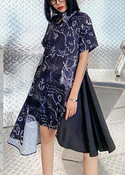 French black print clothes Women lapel asymmetric Plus Size summer Dress - SooLinen