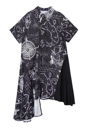 French black print clothes Women lapel asymmetric Plus Size summer Dress - SooLinen