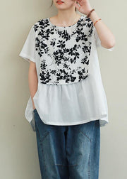 French black print cotton clothes For Women o neck patchwork Art blouses - SooLinen